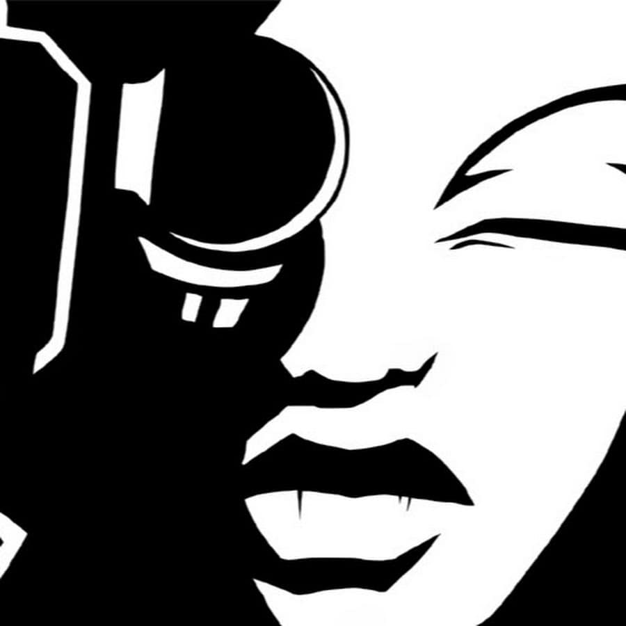 Schwarz-weiß Illustration eines Menschen mit Brille und Lippen.